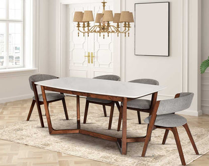 6 seater rectangular dining table  decor light with white marble top and legs in walnut Dining chair in walnut with seat upholstered in fabric.