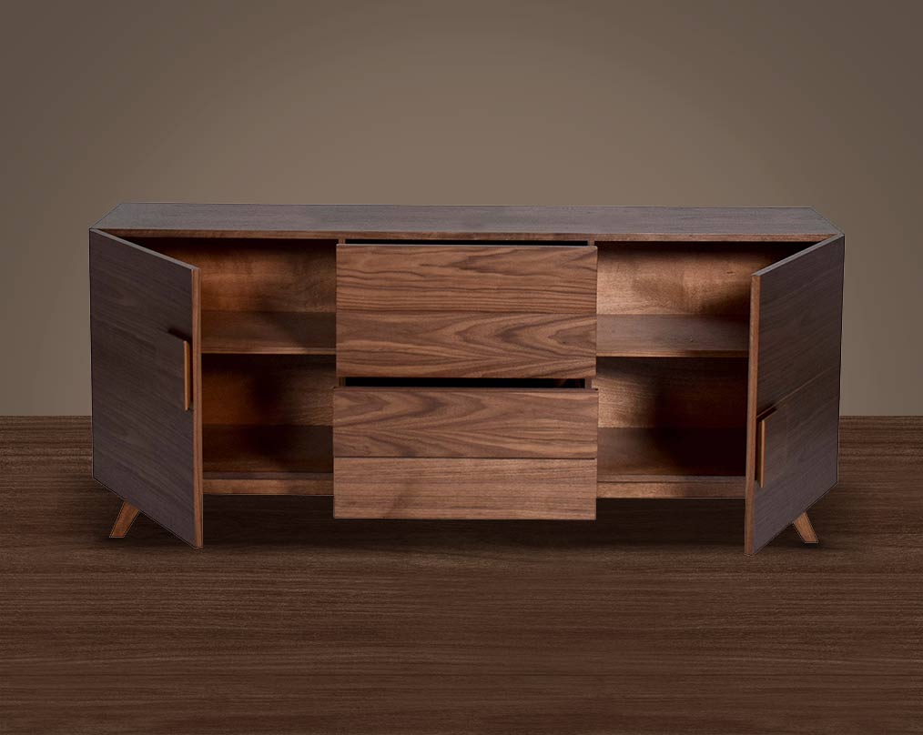 Buffet/Cabinet in natural walnut in sleek contemporary design open drawer.