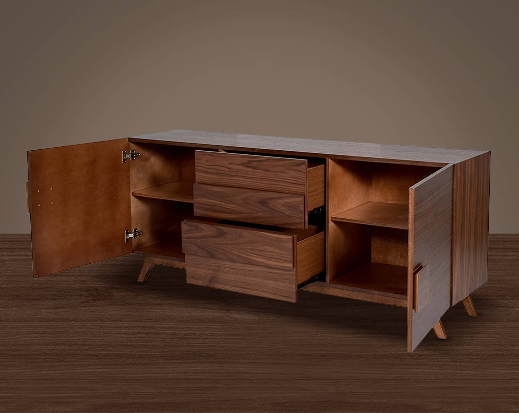 Buffet/Cabinet in natural walnut in sleek contemporary design open drawer with side view 