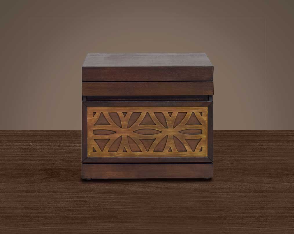 "The bedside table is in oak with a pull-out tray and a drawer. " front view