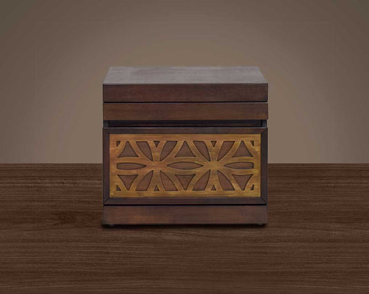 "The bedside table is in oak with a pull-out tray and a drawer. " front view