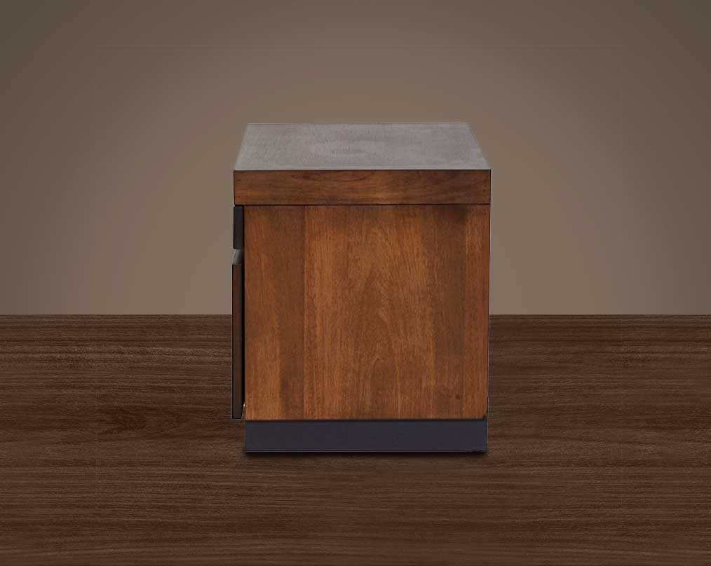 "Bedside table with one drawer in dark walnut & a dresser mirror with 4 drawers." side view