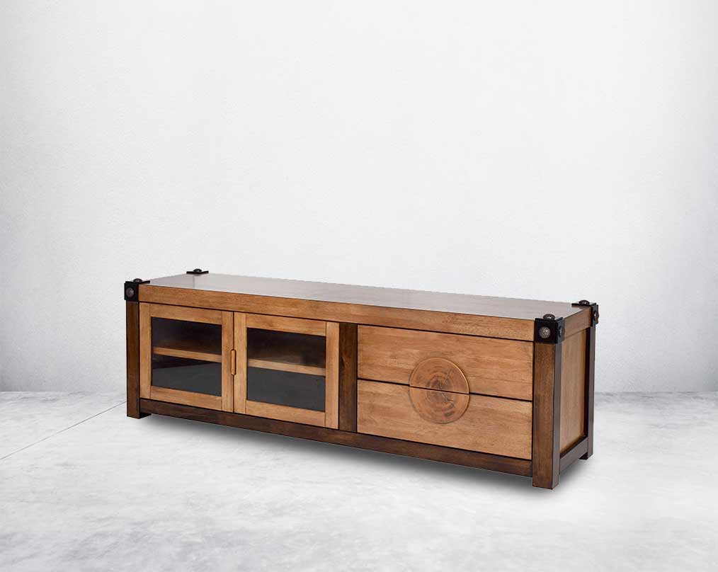 TV unit in vintage brown oak wood with two drawers and shutters with transparent glass.