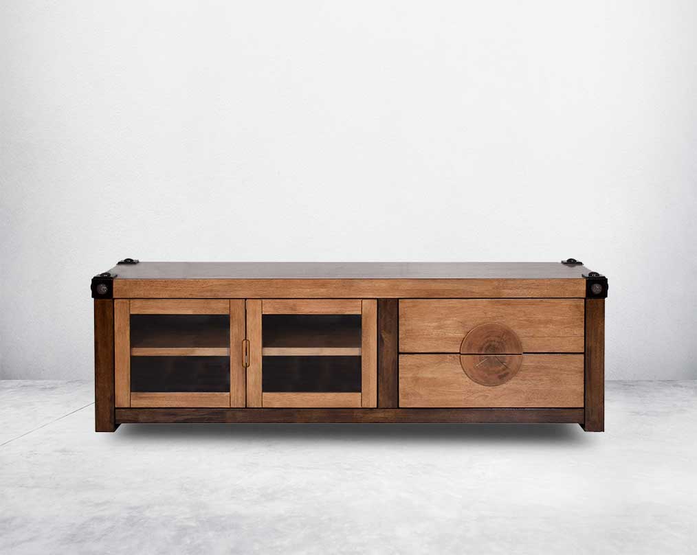TV unit in vintage brown oak wood with two drawers and shutters with transparent glass front view 