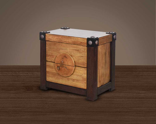 Bed side table in wood & oak veneer with two drawers.