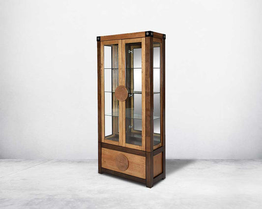 Display cabinet in vintage brown oak wood veneer with wooden frame & clear glass doors with side view 