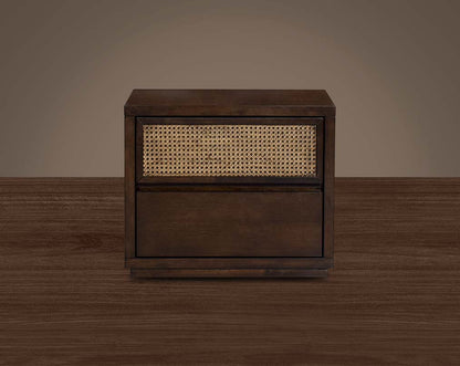 Bedside table with 2 drawers in dark walnut & bamboo knitted drawer front view