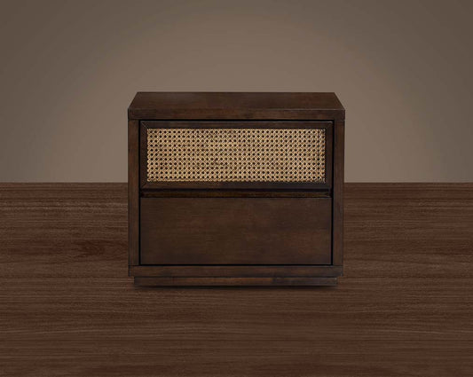 Bedside table with 2 drawers in dark walnut & bamboo knitted drawer front view