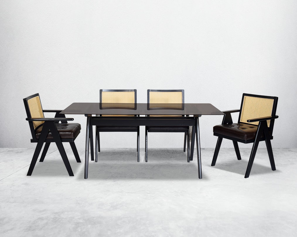 This elegant 6 seater rectangular style dining table in retro style comes with a black  wooden dining chair with comfy cushioned seat & rattan backrest with curved armrest & geometrical leg design in dark walnut finish in retro style.