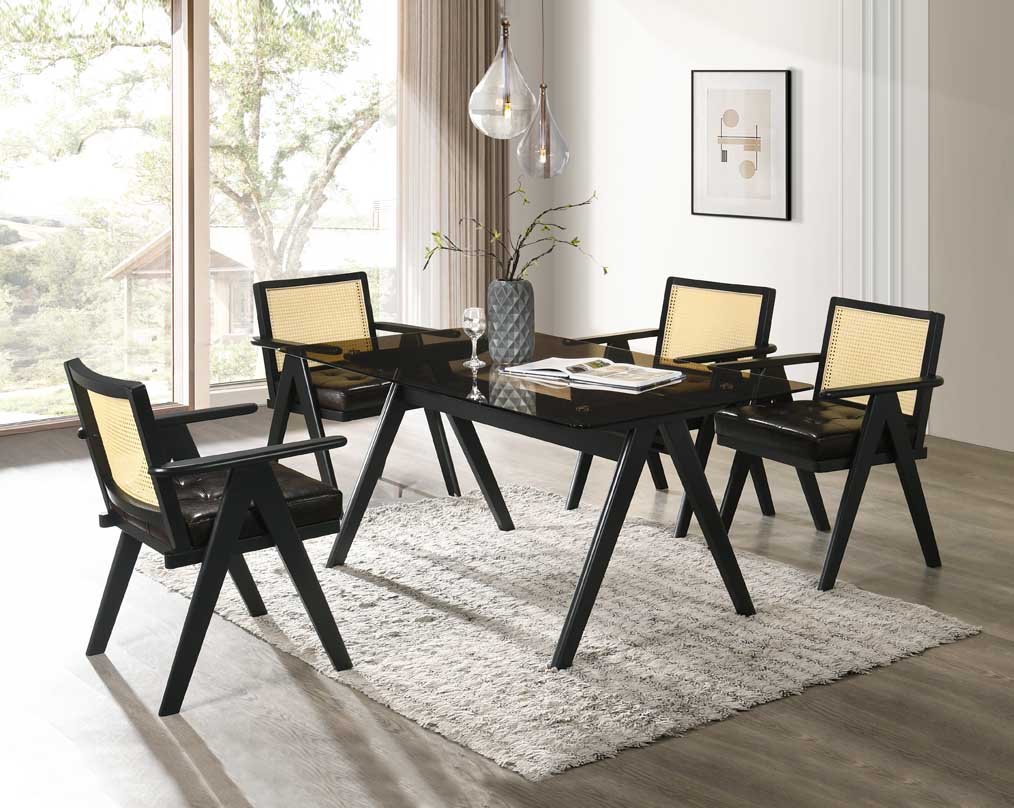 This elegant 6 seater rectangular style dining table in retro style comes with a black wooden dining chair with comfy cushioned seat & rattan backrest with curved armrest & geometrical leg design in dark walnut finish in retro style.