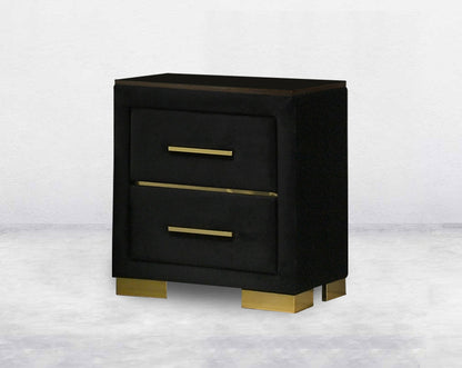 Bedside Table is crafted in dark walnut and high gloss gold finish metal hardware with 2 drawers.