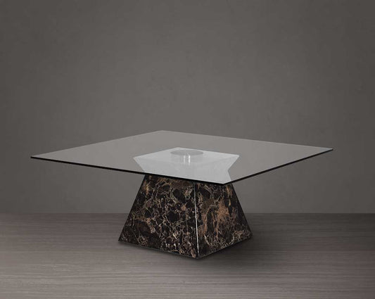 Square coffee table with clear glass top & brown imitation marble base in glossy finish.
