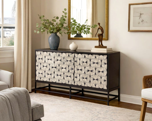 This gorgeous black and white inlay sideboard/buffet in floral pattern with a black matt wooden top & black metal base with storage is a perfect statement piece in your living room. It is a masterwork in inlay in an elaborate pattern.