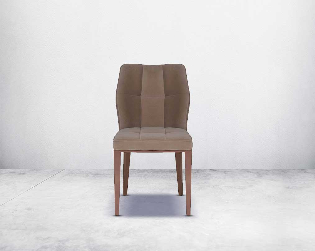 Dining chair upholstered in velvet fabric  front with high polished rose gold stainless steel legs.
