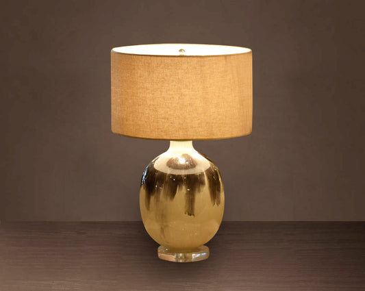 Glass Table lamp in Melting Moss Enamel feel with translucent beige fabric shade.