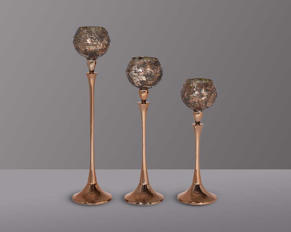 Platinum gold mosaic aluminum goblet t-lite holder- 1 large 2 medium 3 small