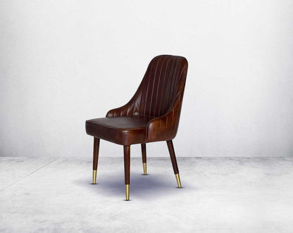 This rich contemporary dining chair in genuine leather makes for a luxurious dining experience. It comes with a quilted cushioned back in acacia wood with metal splayed legs.