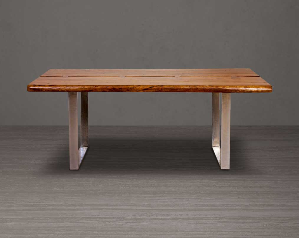 Large 6 seater rectangle dining table in solid acacia wood in light walnut with nickel coated stainless steel base in glossy finish.