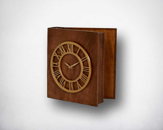 Table clock in antique matt brass and natural wood finish.