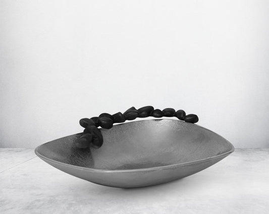 This aluminium platter finished in nickel & grey brings a rich contemporary look to your living or dining room . small