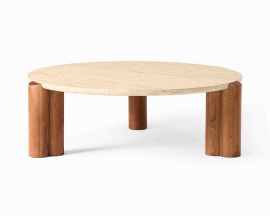 Wooden coffee table with a light wooden top and dark wooden legs on a white background