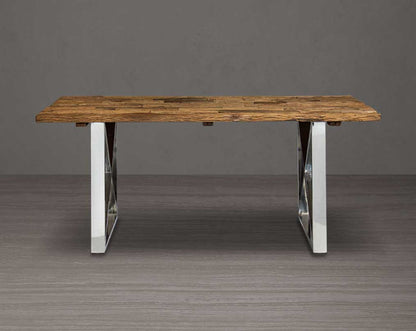 6 seater rectangle dining table with sleeper wood top which has been recycled from railway tracks in a rustic and natural finish with stainless steel base.