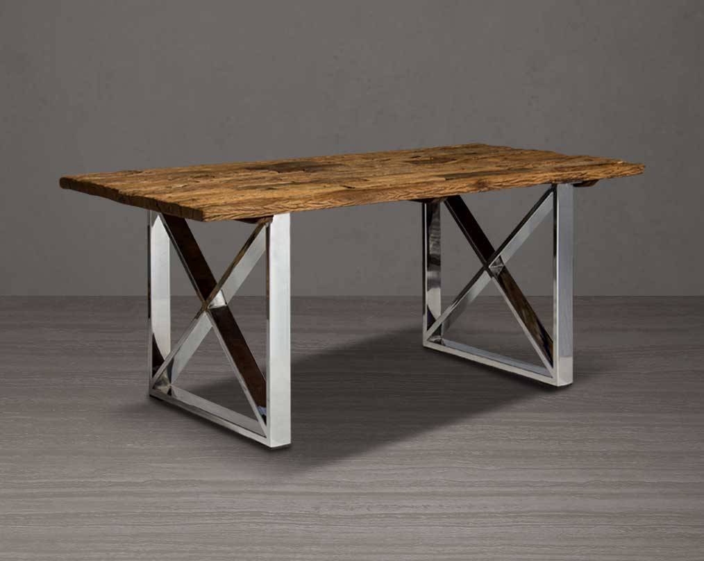 6 seater rectangle dining table with sleeper wood top which has been recycled from railway tracks in a rustic and natural finish with stainless steel base.