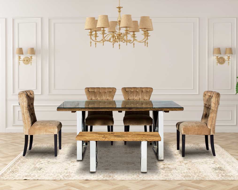 6 seater rectangle dining table  decor light with sleeper wood top which has been recycled from railway tracks in a rustic and natural finish with stainless steel base. dining chair upholstered in fabric with tufted back and birchwood legs. Stainless stee