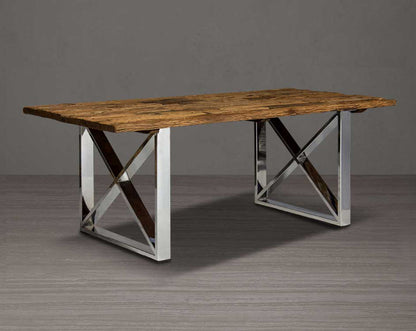 8 seater rectangle dining table with sleeper wood top which has been recycled from railway tracks in a rustic and natural finish with stainless steel base.