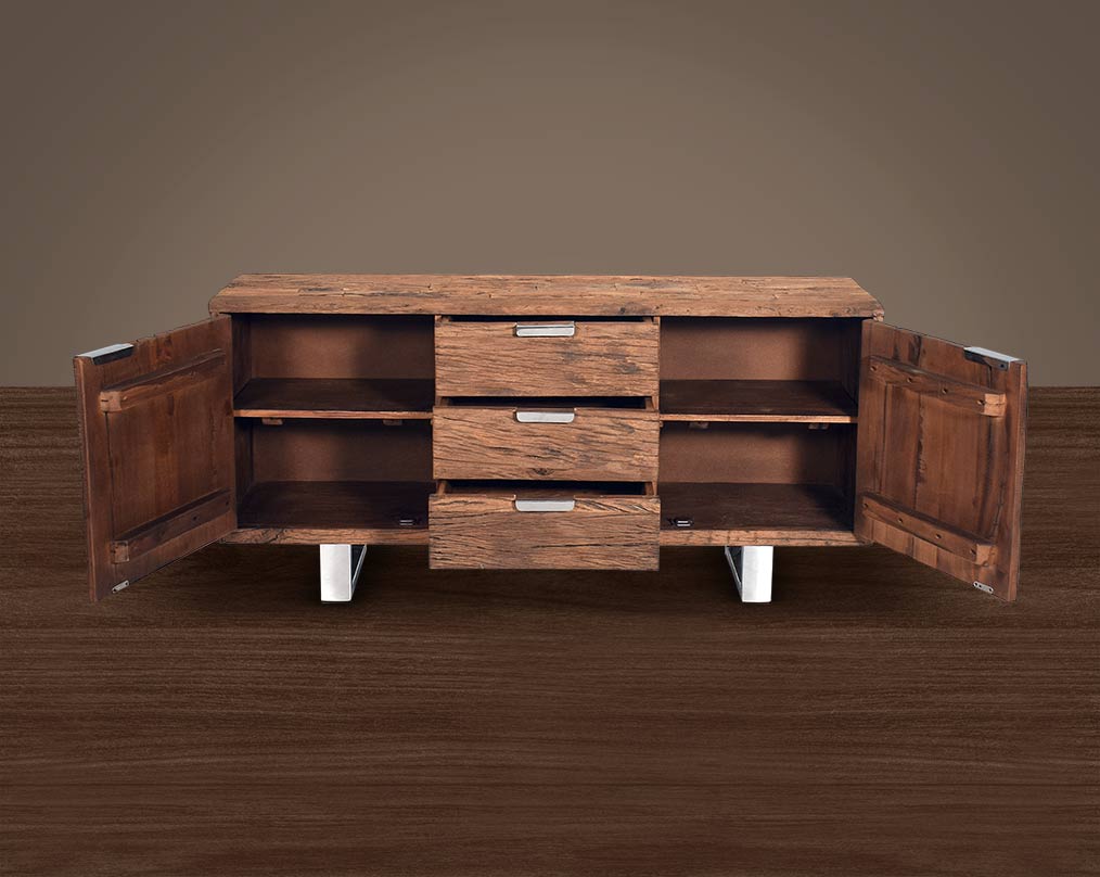 Sideboard/ Buffet in sleeper wood with open drawer  which has been recycled from railway tracks in a rustic and natural finish with stainless steel base and handles.