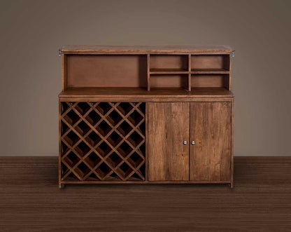 Bar counter in mango wood and stainless steel, with front in glass and sleeper wood which has been recycled from railway tracks in a rustic & natural finish with storage.