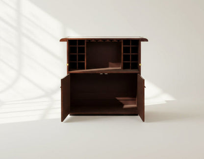 Bar counter open drawer in distressed cognac leather with a vintage look with brass hardware and wooden slats. The bar counter has a copper top and comes with storage.