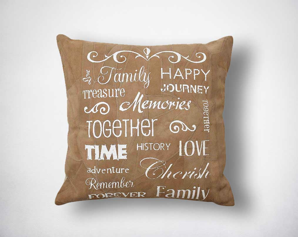 Leather cushion with white print.