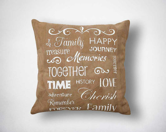 Leather cushion with white print.