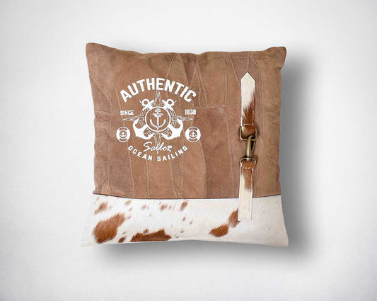 Camel & brown recycled suede leather & hair on cushion with embellishments.