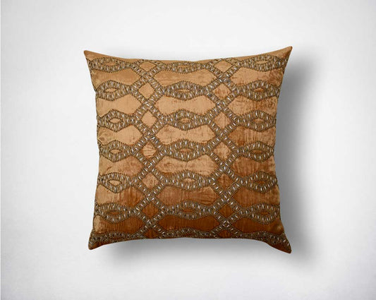 Brown & antique gold poly silk embroidered cushion.