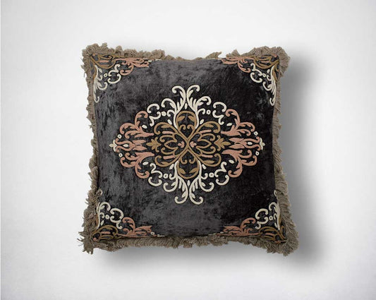 White, pink & brown with felt fringes embroidered rayon velvet & poly silk cushion.