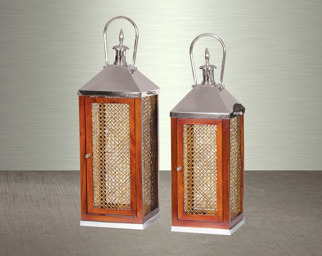 Bamboo knitted wooden lanterns in stainless steel and clear glass. 1 large 2 small