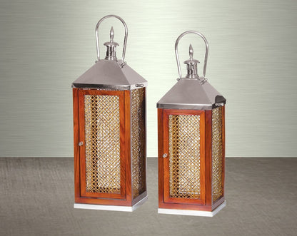 Bamboo knitted wooden lanterns in stainless steel and clear glass. 1 large 2 small