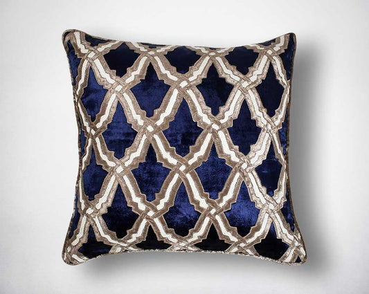 Blue and brown embroidered velvet and poly silk cushion.