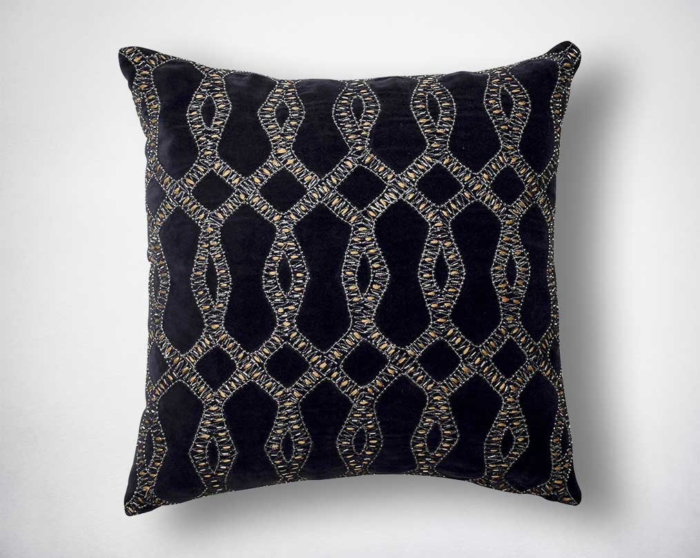 Blue & antique silver poly silk embroidered cushion.