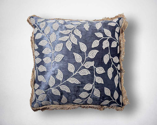Beige & grey with felt fringes embroidered poly silk cushion with front view