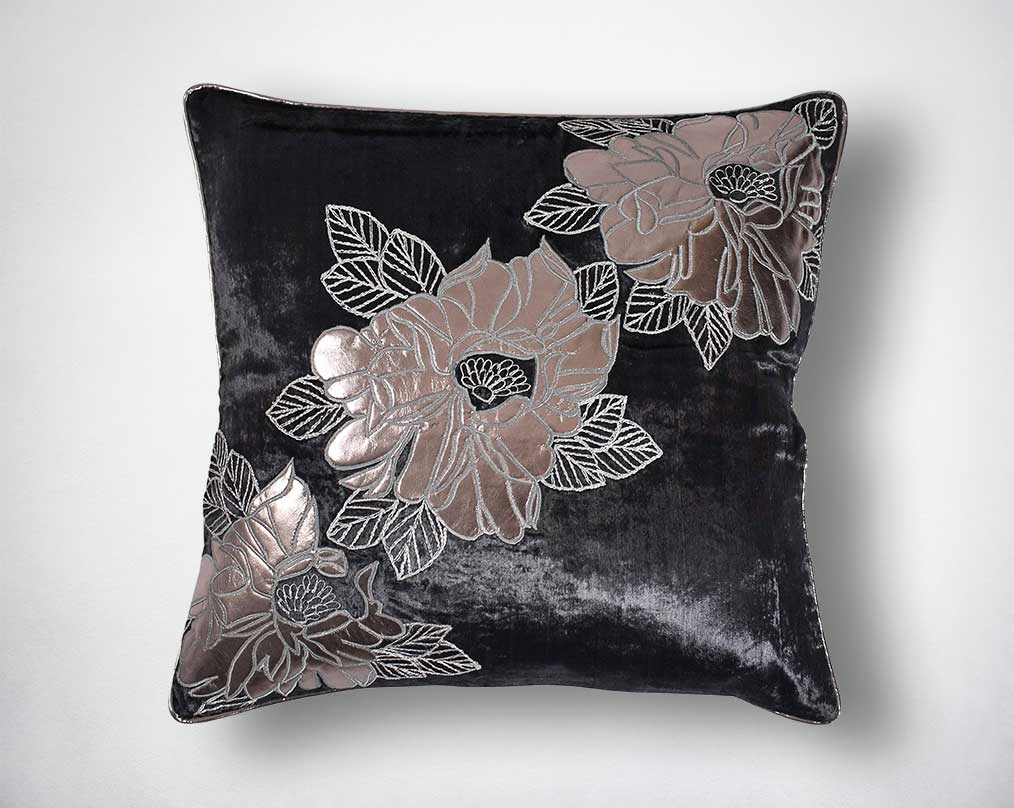 Dark brown and silver velvet and poly silk embroidered cushion.