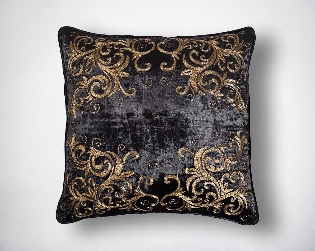 Brown and antique gold velvet and poly silk embroidered cushion.
