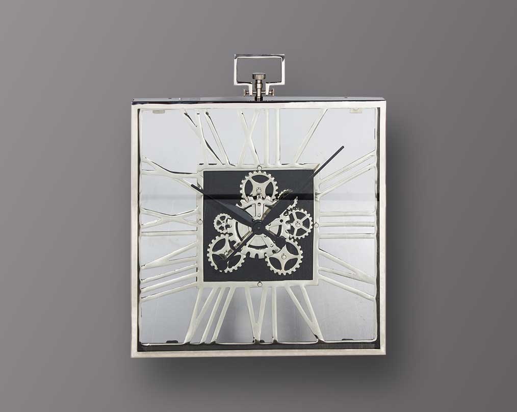 Nickel square wall clock in roman numerals.