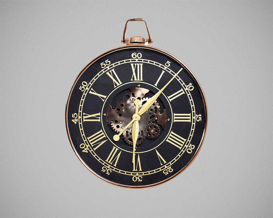 Round wall clock in black and rose gold with roman numerals.