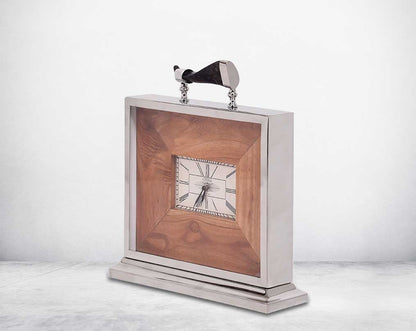Square table clock in nickel and wood in roman numerals.