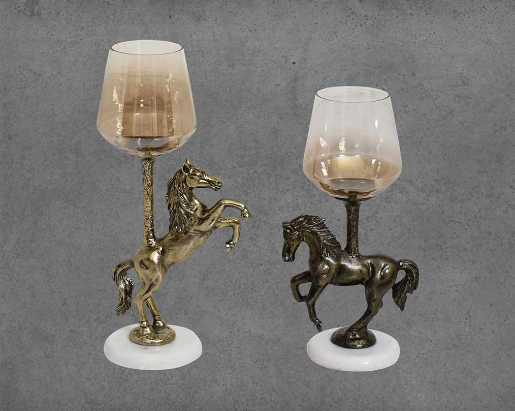 Adella Pillar Candle Holder with jumping horse in golden color and Standing horse in golden black