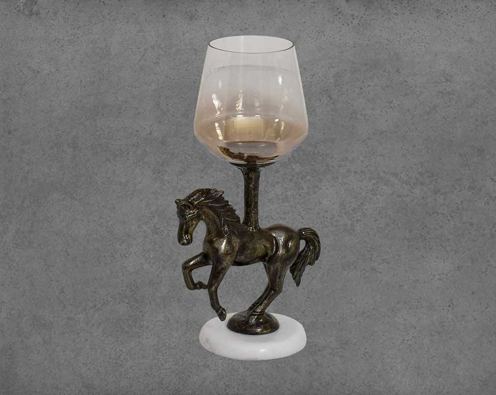 Adella Pillar Candle Holder with Standing horse in golden black color- small