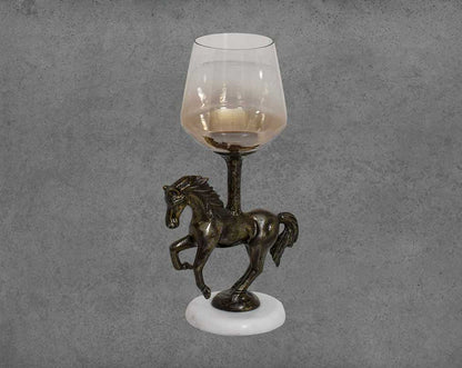 Adella Pillar Candle Holder with Standing horse in golden black color- small